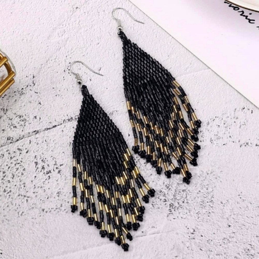 Handmade Beaded Colorful Fringe Earrings in Black and Gold Chevron
